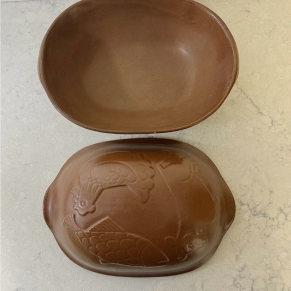 Vintage Glazed Terra Cotta Clay Baking Oven w/ Lid Chicken Fish Beef 12" L 8" W - Picture 5 of 9